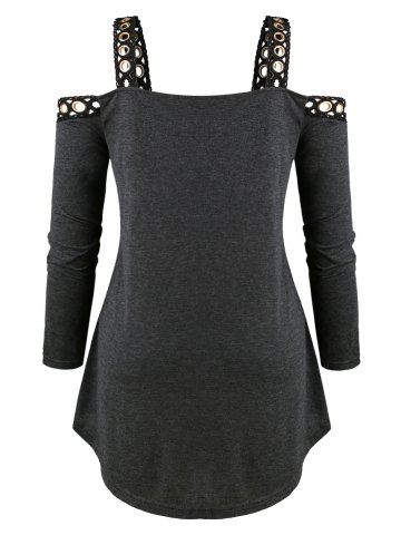 

Plus Size Open Shoulder Square Collar Full Sleeve T Shirt, Carbon gray