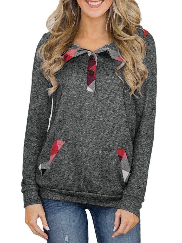 

Plaid Half Placket Front Pocket Sweatshirt, Dark gray