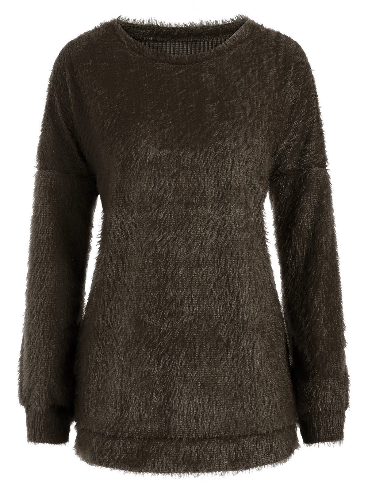 

Fuzzy Knit Drop Shoulder Tunic Sweater, Brown