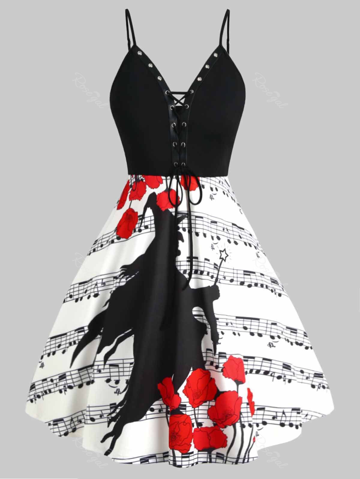 

Plus Size Lace-up Musical Note Witch Print Halloween Dress, White