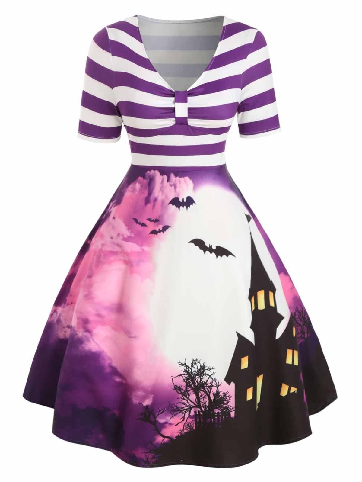 

Plus Size Halloween Striped Panel Bat Print Dress, Purple iris