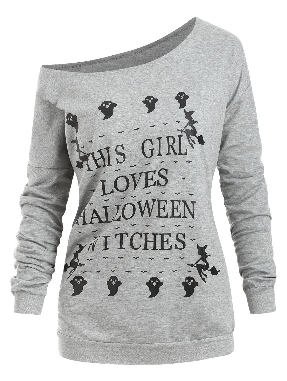 

Skew Neck Ghost Letter Halloween Pullover Sweatshirt, Gray