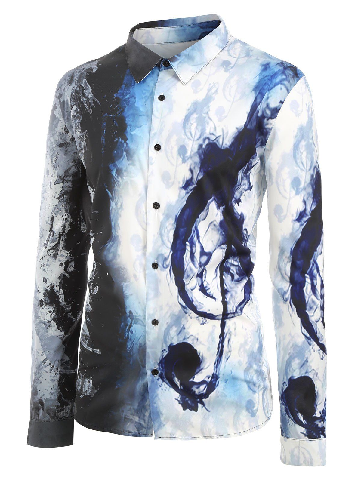 

Plus Size Ink Music Notes Print Button Up Long Sleeve Festival Shirt, White