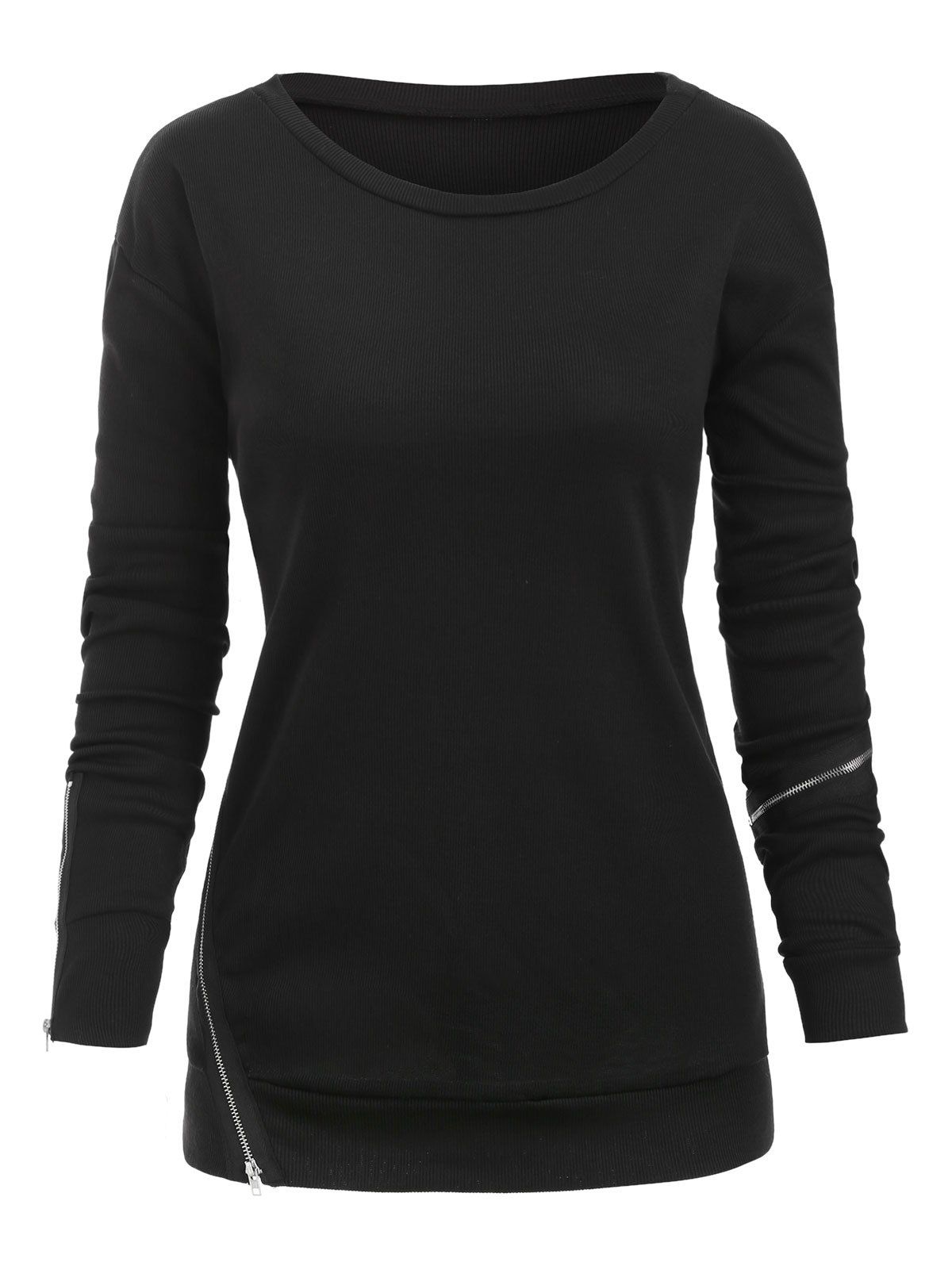 

Zippers Embellished Solid Casual Sweatshirt, Black