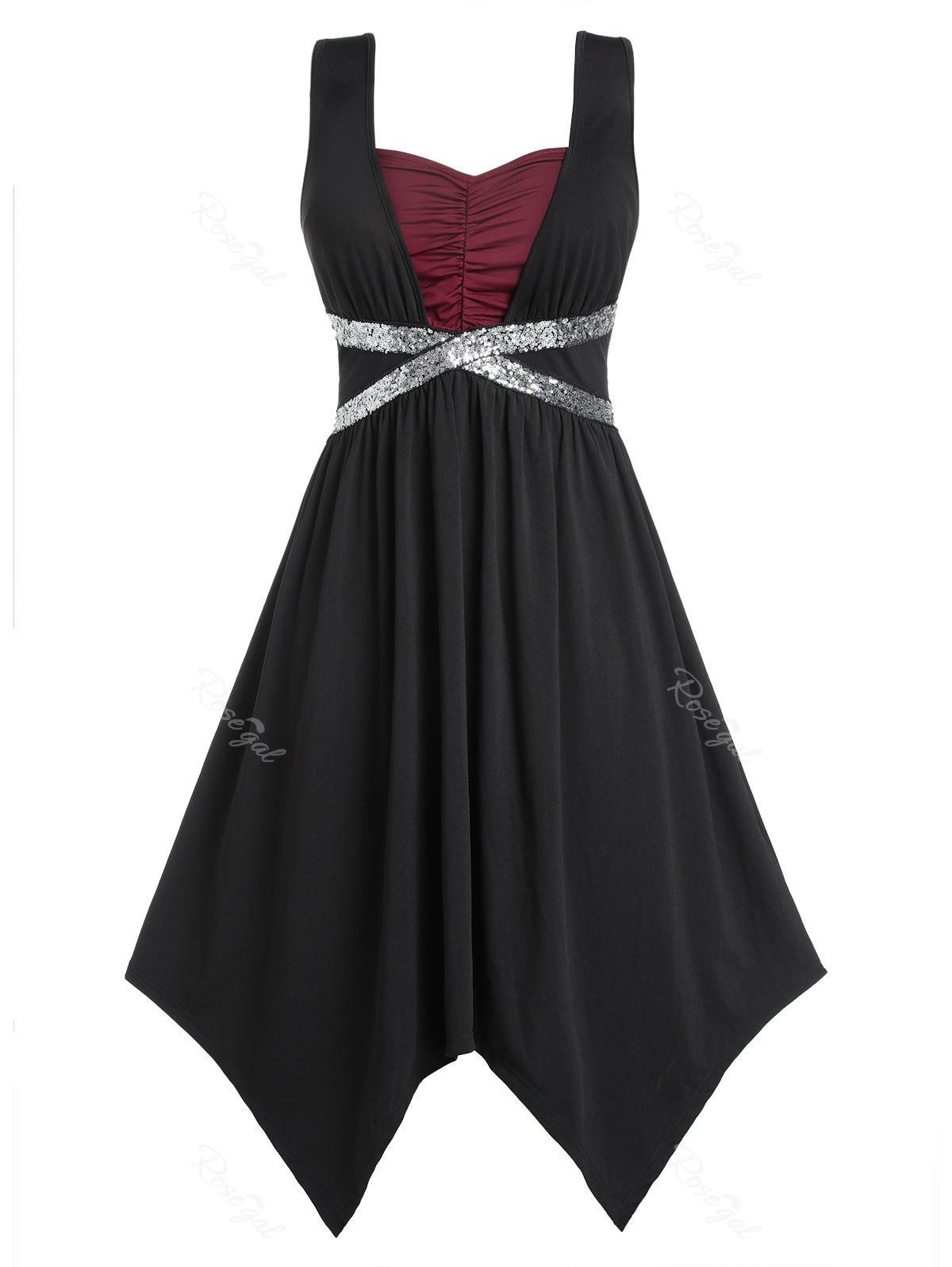 

Plus Size Asymmetric Sequined High Waist Vintage Dress, Black