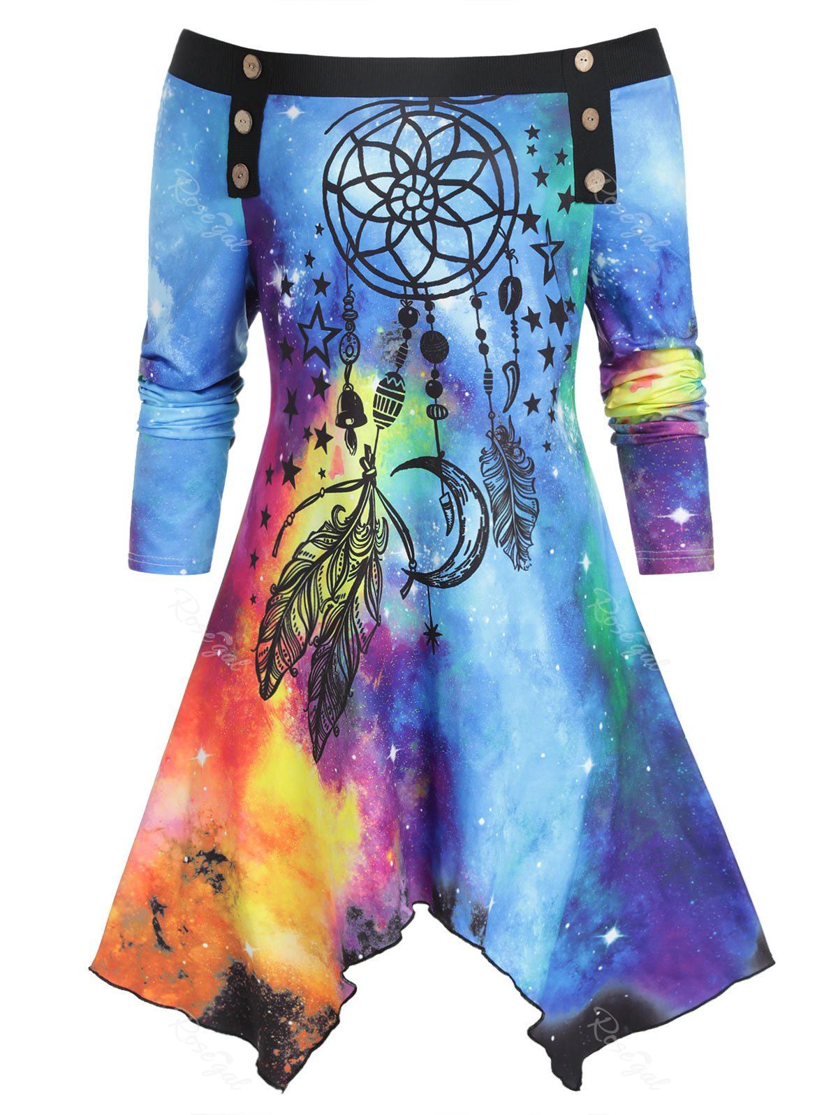 

Plus Size Off Shoulder 3D Galaxy Feather Print Hanky T Shirt, Multi