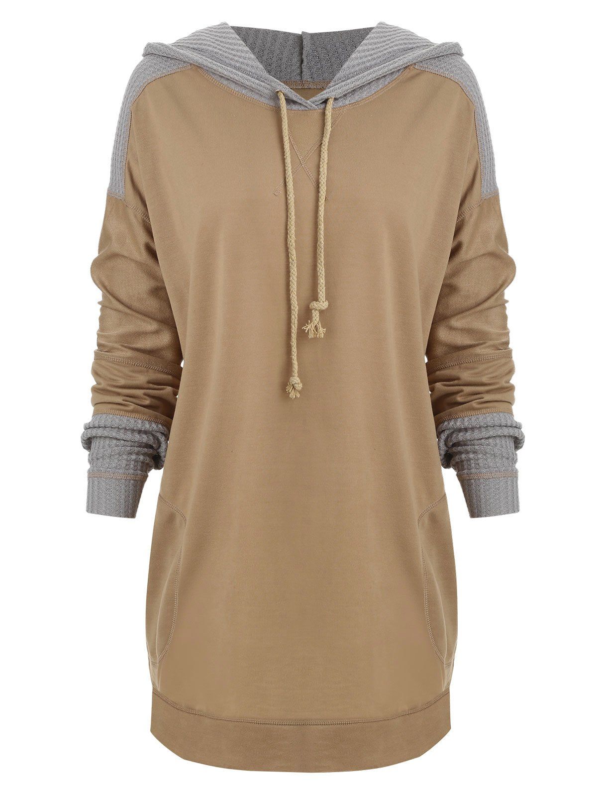 

Contrast Topstitching Drawstring Longline Hoodie, Khaki
