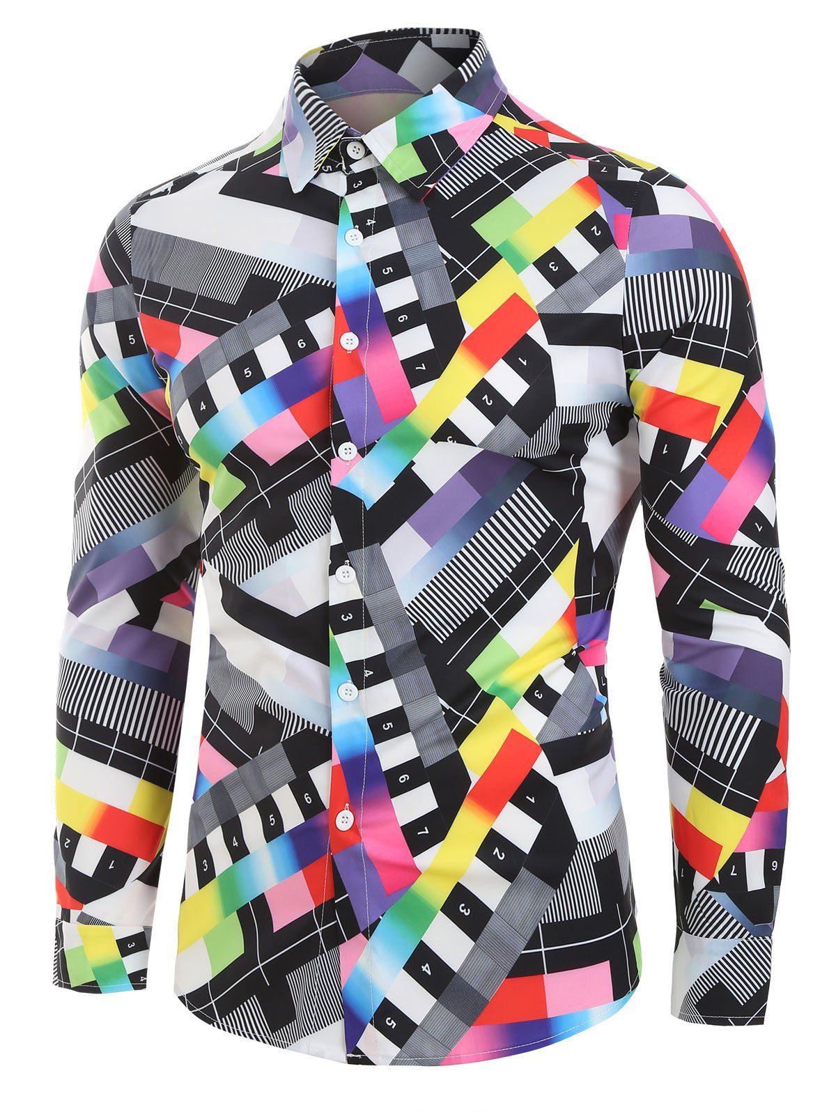 

Colorful Patchwork Print Long Sleeve Button Up Shirt, Multi-a