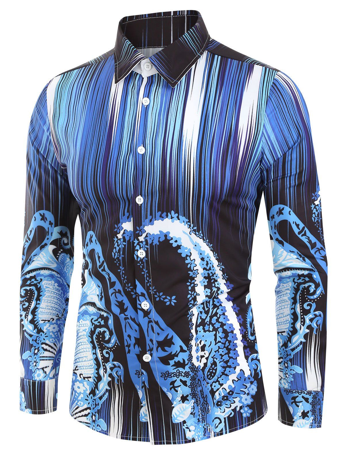 

Stripe and Paisley Print Button Up Shirt, Lapis blue