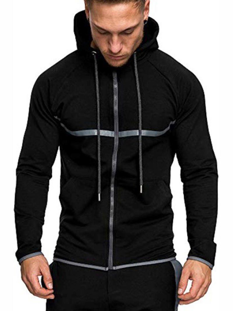 

Contrast Trim High Low Raglan Sleeve Zipper Hoodie, Black