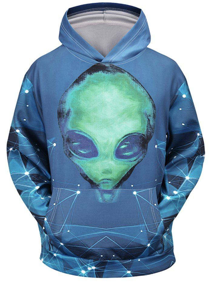 

Starry Alien Print Long Sleeves Hoodie, Blue gray
