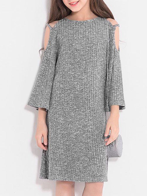 

Girls Cold Shoulder Rib Knit Long Sleeve Dress, Gray cloud