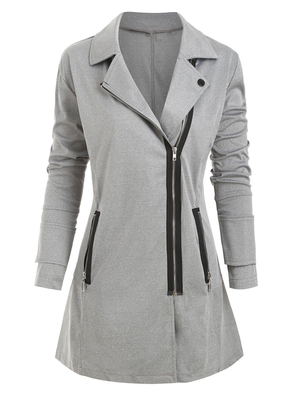 

Zipper Pockets Zip Up Loose Coat, Light gray