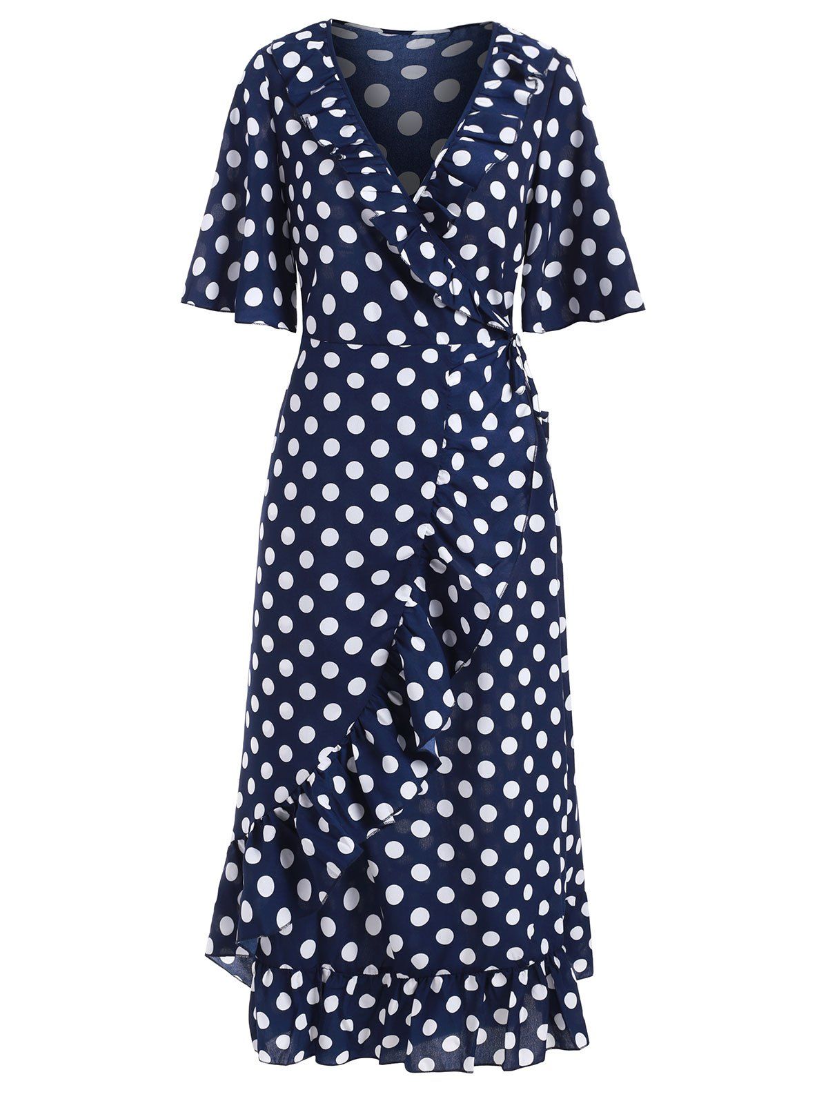 

Dotted Ruffle Midi Wrap Dress, Deep blue