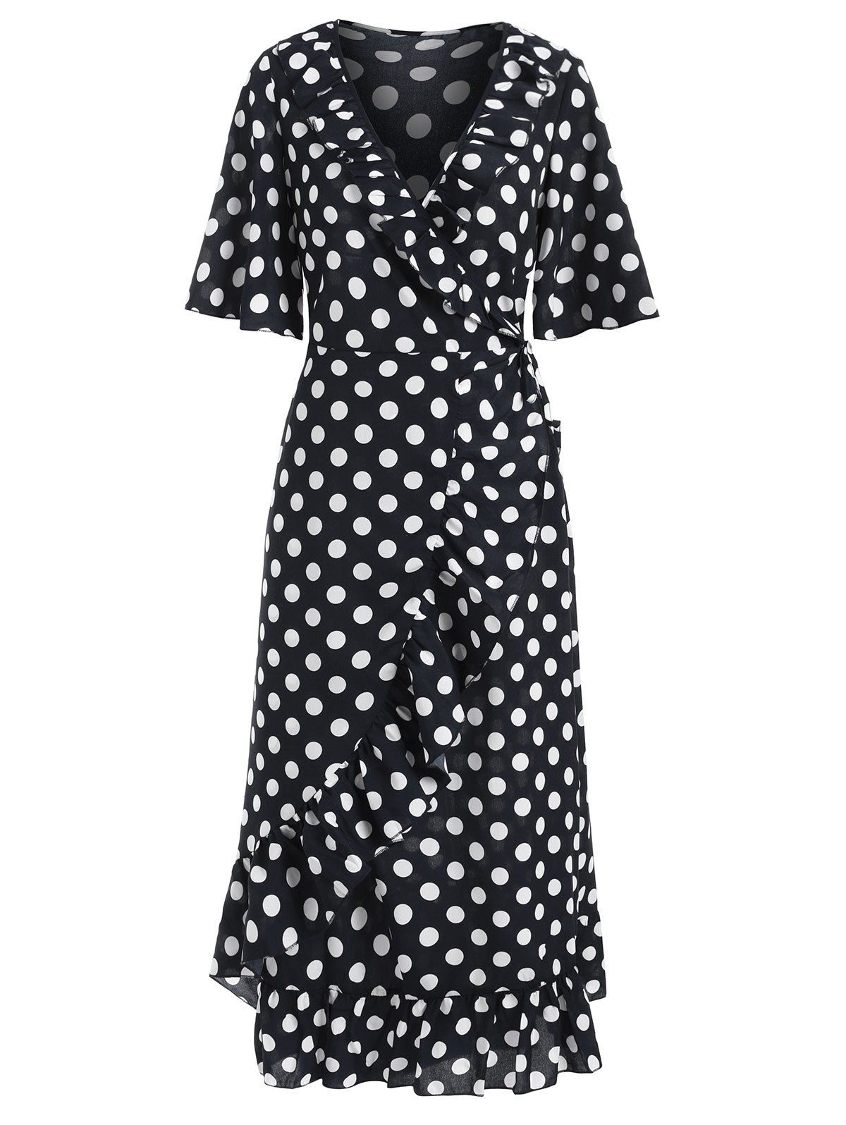 

Dotted Ruffle Midi Wrap Dress, Black