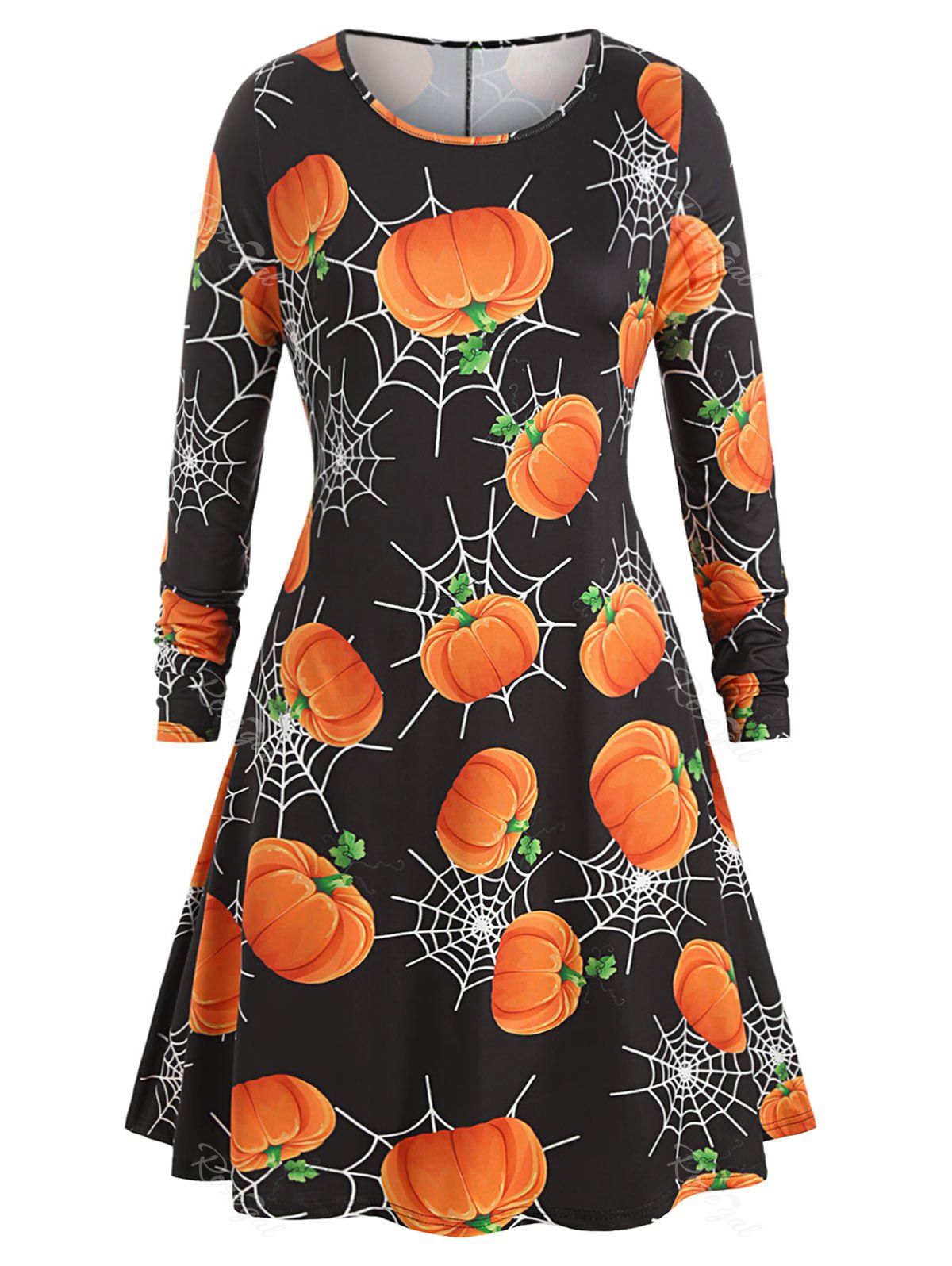 

Plus Size Pumpkin Spider Web Print Halloween Dress, Multi-a