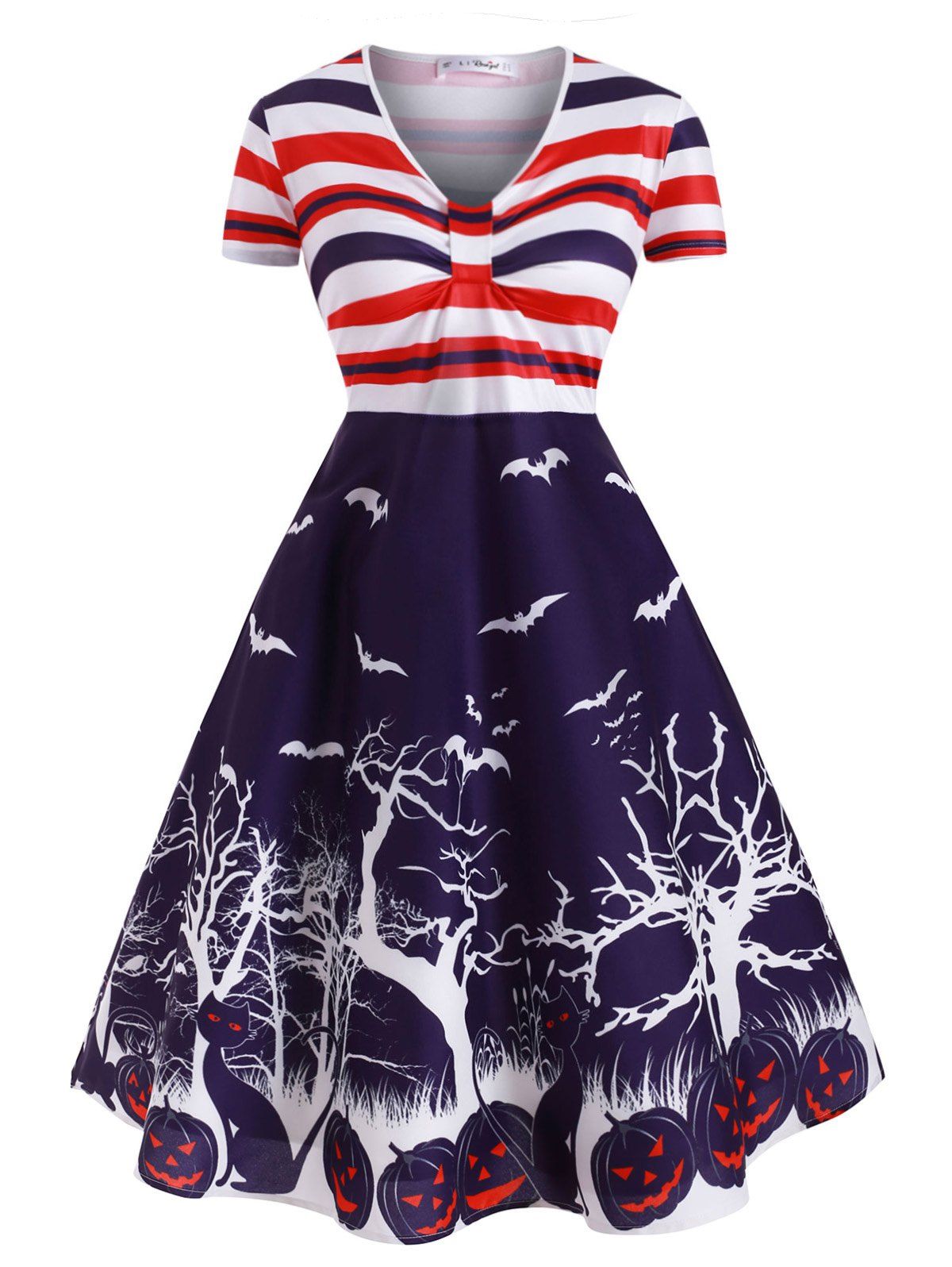 

Stripes Pumpkin Bat Print Halloween Plus Size Dress, Purple