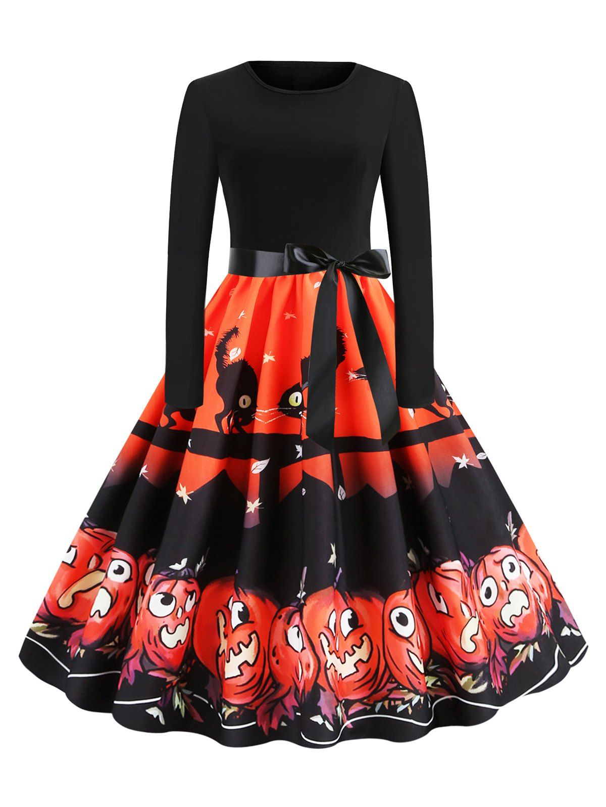 

Belted Cat Pumpkin Print Long Sleeve Halloween Dress, Multi