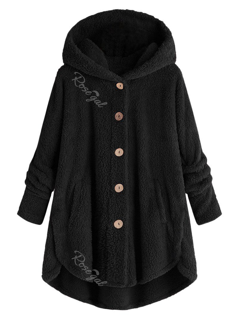 

Plus Size Hooded Fluffy High Low Teddy Coat, Black
