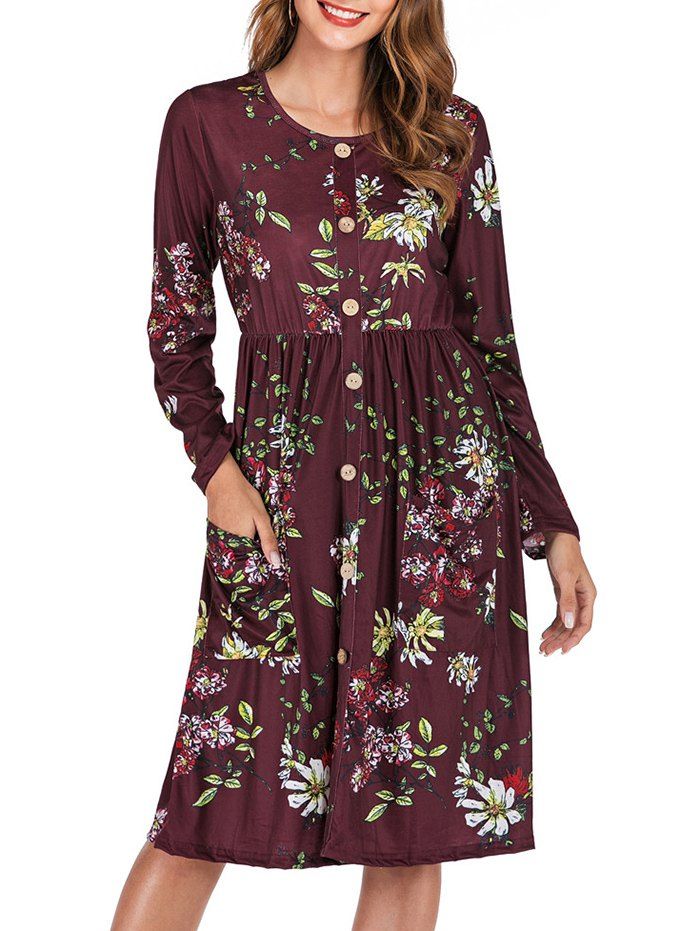 

Flower Button Embellished Long Sleeve Dress, Multi-a