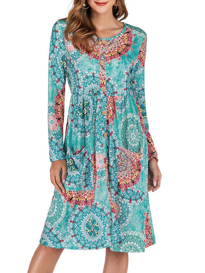 

Flower Button Embellished Long Sleeve Dress, Multi-d