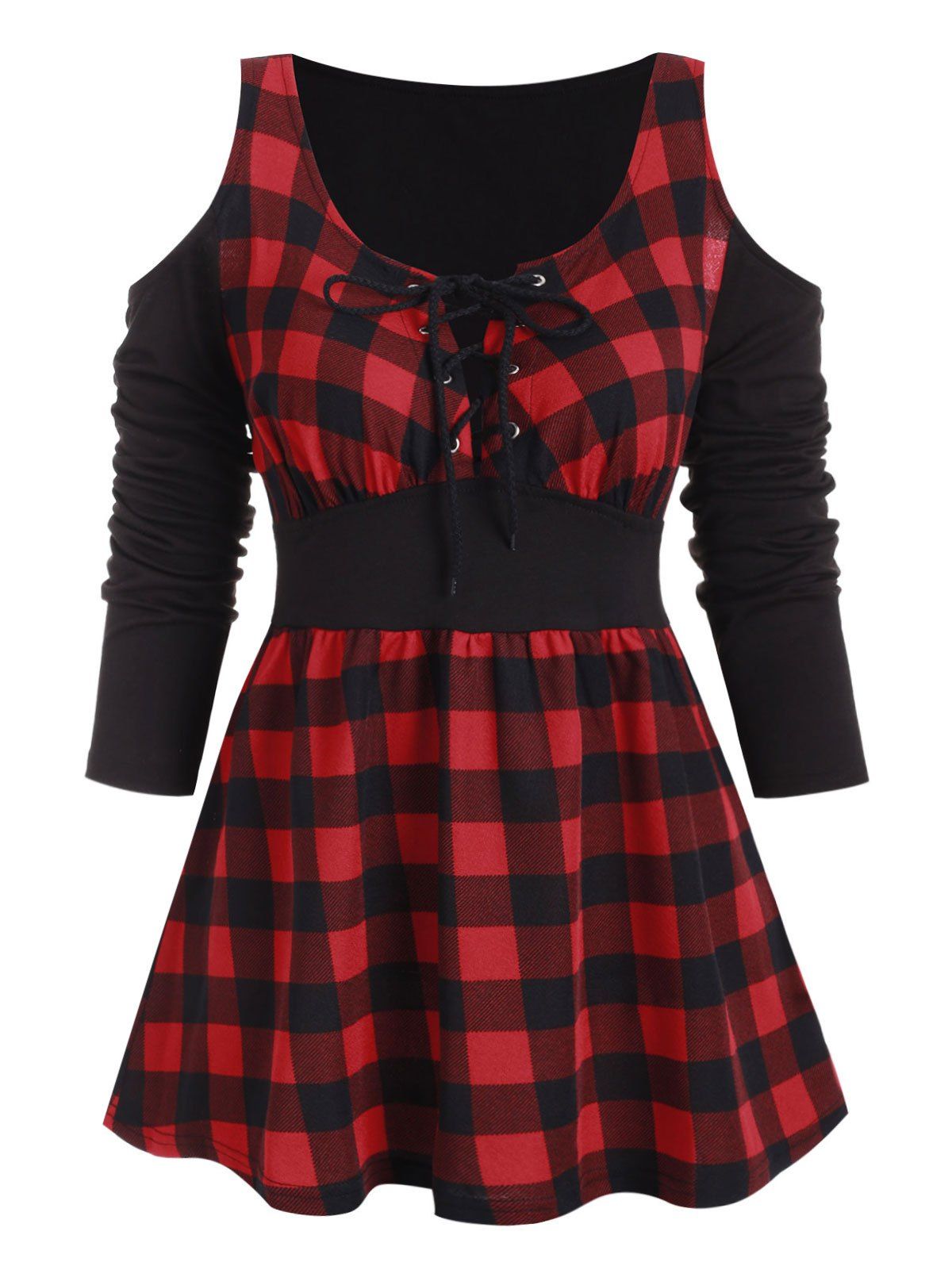 

Plaid Open Shoulder Lace Up Longline T-shirt, Multi