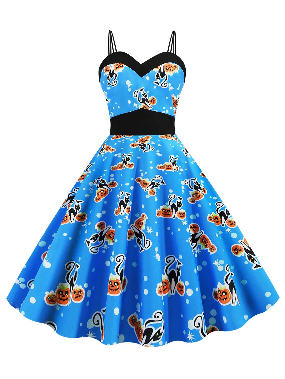 

Dual Strap Cat Pumpkin Print Sleeveless Halloween Dress, Blue