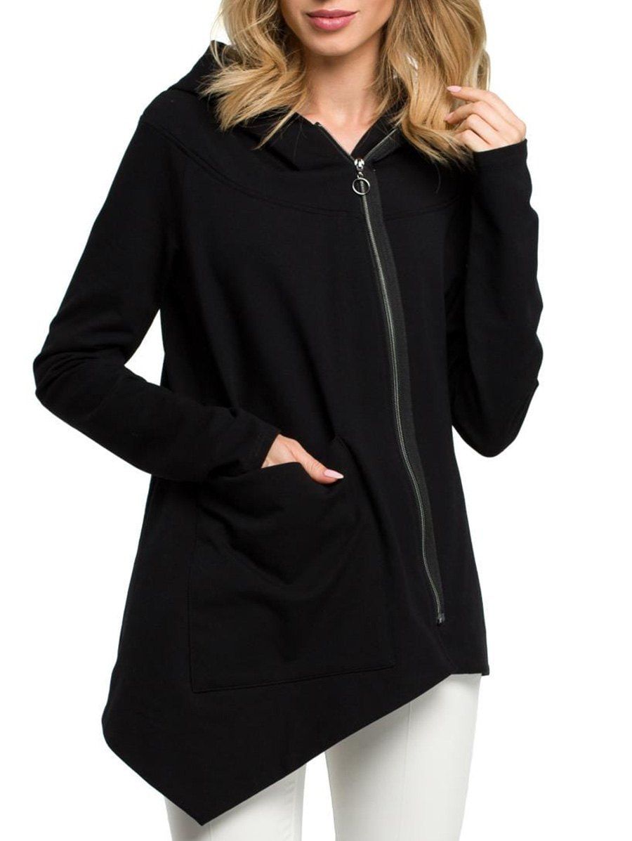 

Pocket Uneven Hem Hooded Coat, Black