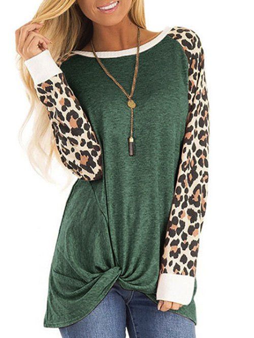 

Leopard Panel Raglan Sleeve Twist Top, Jungle green