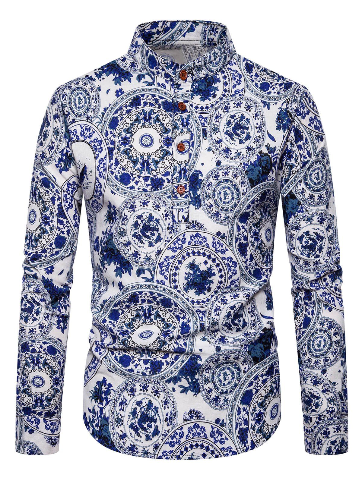 

Chinaware Print Half-button Long Sleeves Shirt, Ocean blue