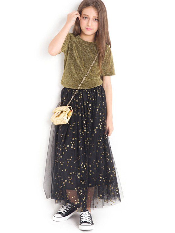 Shiny T-Shirt and Star Pattern Tulle Skirt Set, Gold