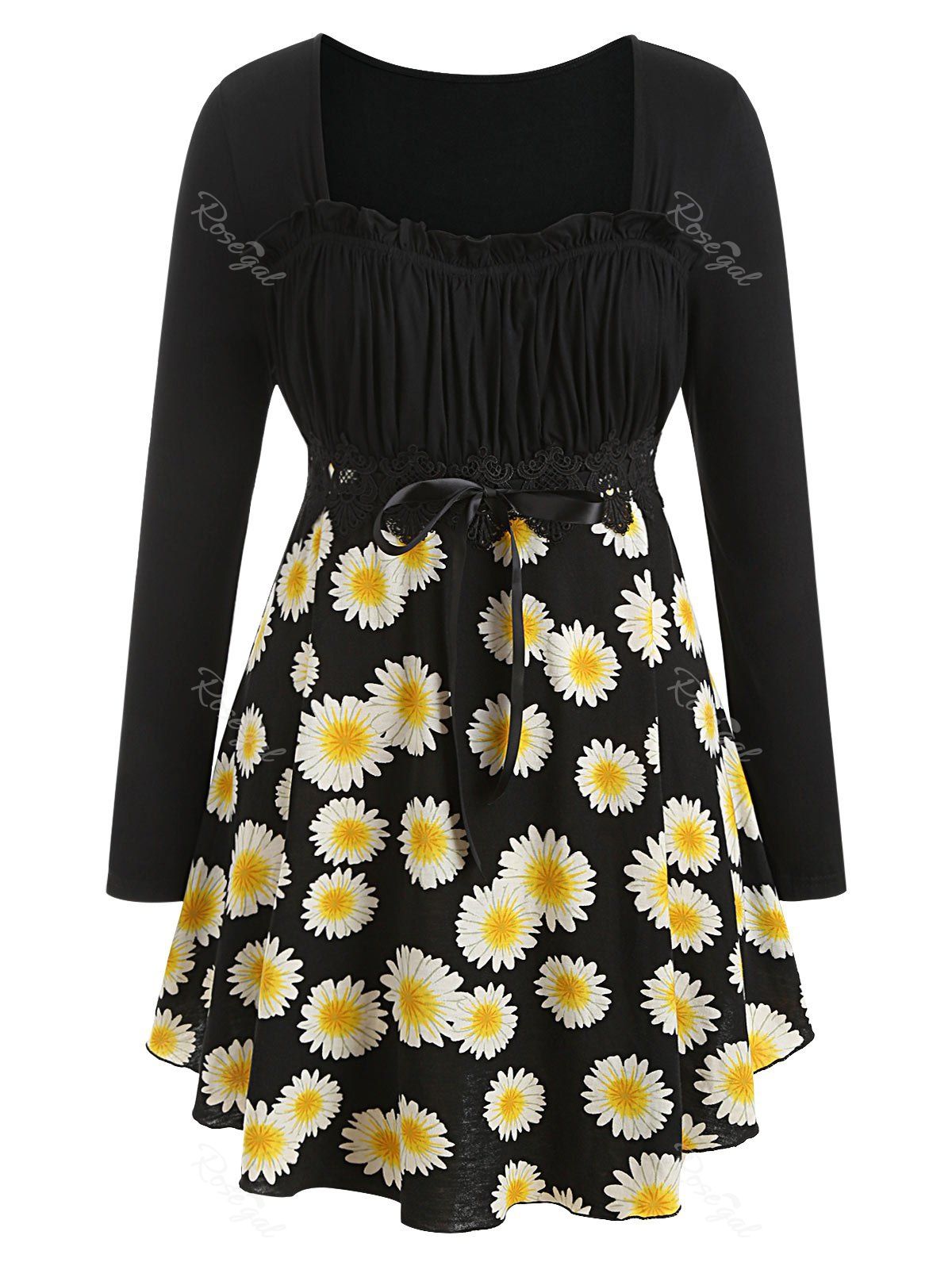 

Plus Size Ditsy Print Square Collar Pleated T Shirt, Black