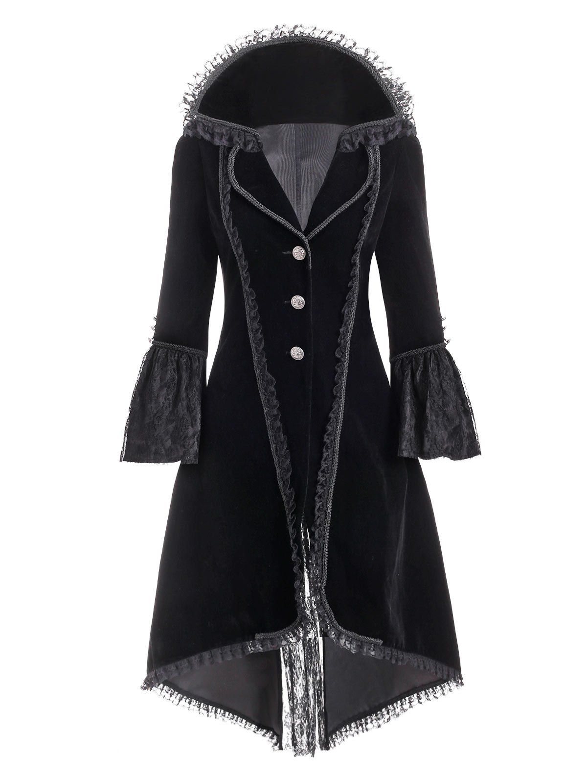 [40 OFF] Gothic Laceup Dip Hem Lace Panel Trench Coat Rosegal