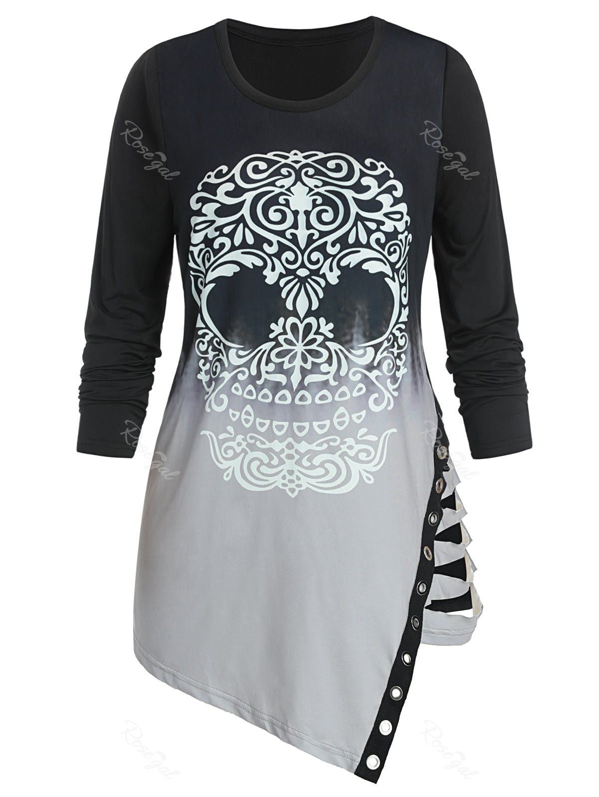 

Plus Size Halloween Skull Print Asymmetrical Grommet Ripped Tee, Black