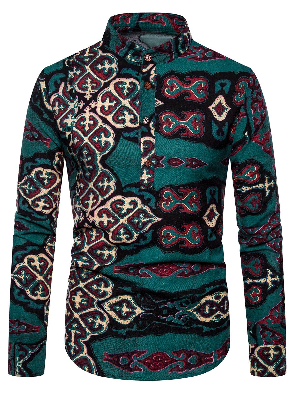 

Half-button Stand Collar Print Long-sleeved Shirt, Multi-k