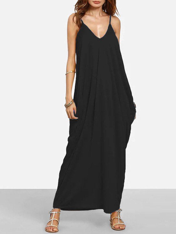 

Baggy Side Pocket Floor Length Cami Dress, Black