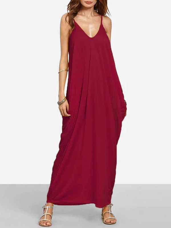 

Baggy Side Pocket Floor Length Cami Dress, Red wine