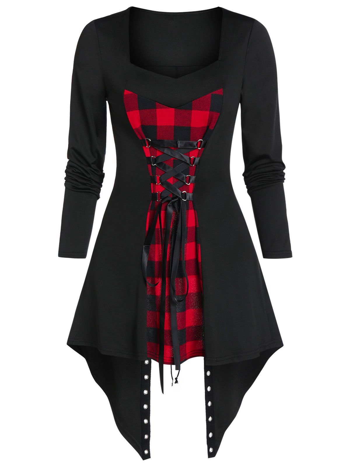 

Lace Up Grommet Plaid Asymmetrical T Shirt, Black