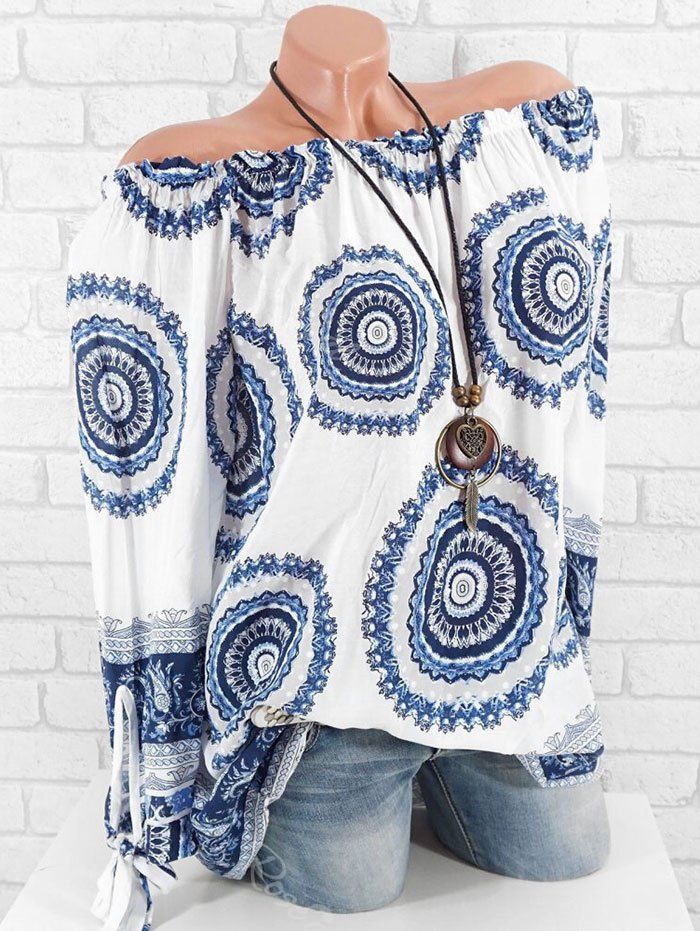 

Plus Size Printed Tie Cuffs Off The Shoulder Blouse, Silk blue