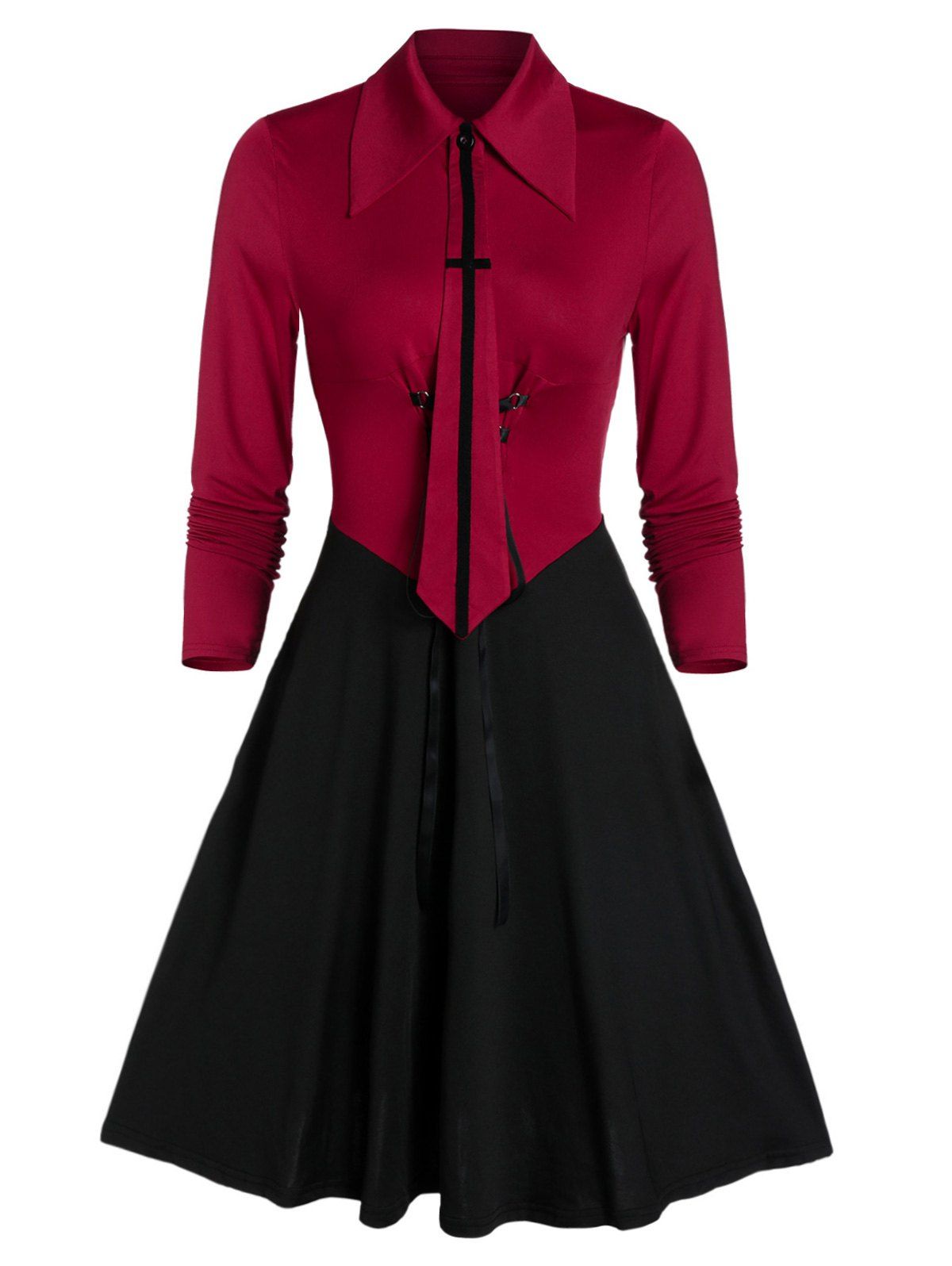 

Contrast Shirt Collar Fit And Flare Dress, Red wine