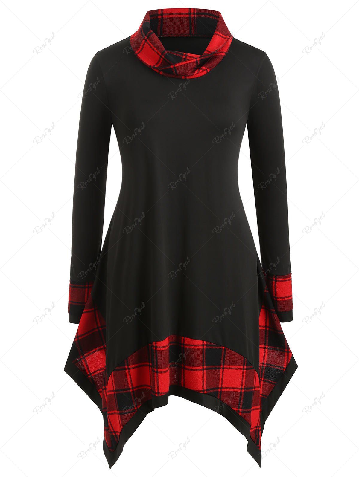 Fancy Plus Size Checked Panel Tunic High Collar T Shirt  