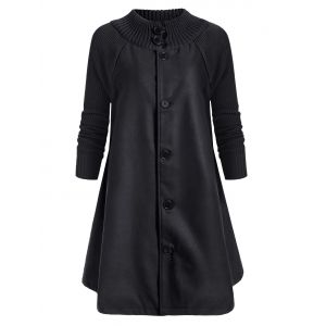 

Button Up Stand Neck Knitted Panel Coat, Black