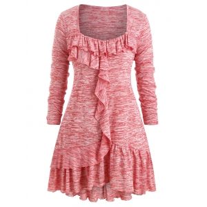 

Plus Size Flounce Marled Square Collar T Shirt, Pink