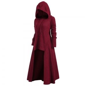 

Hooded Drop Shoulder Drawstring Dip Hem Sweater, Red wine