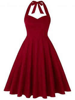 Plus Size Retro Halter Party Swing Dress - RED WINE - 3X