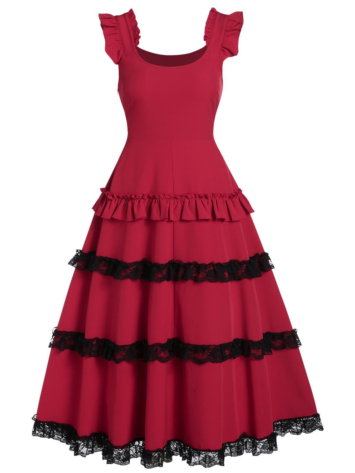 

High Waist Lace Panel Ruffle Smocked Vintage Dress, Lava red