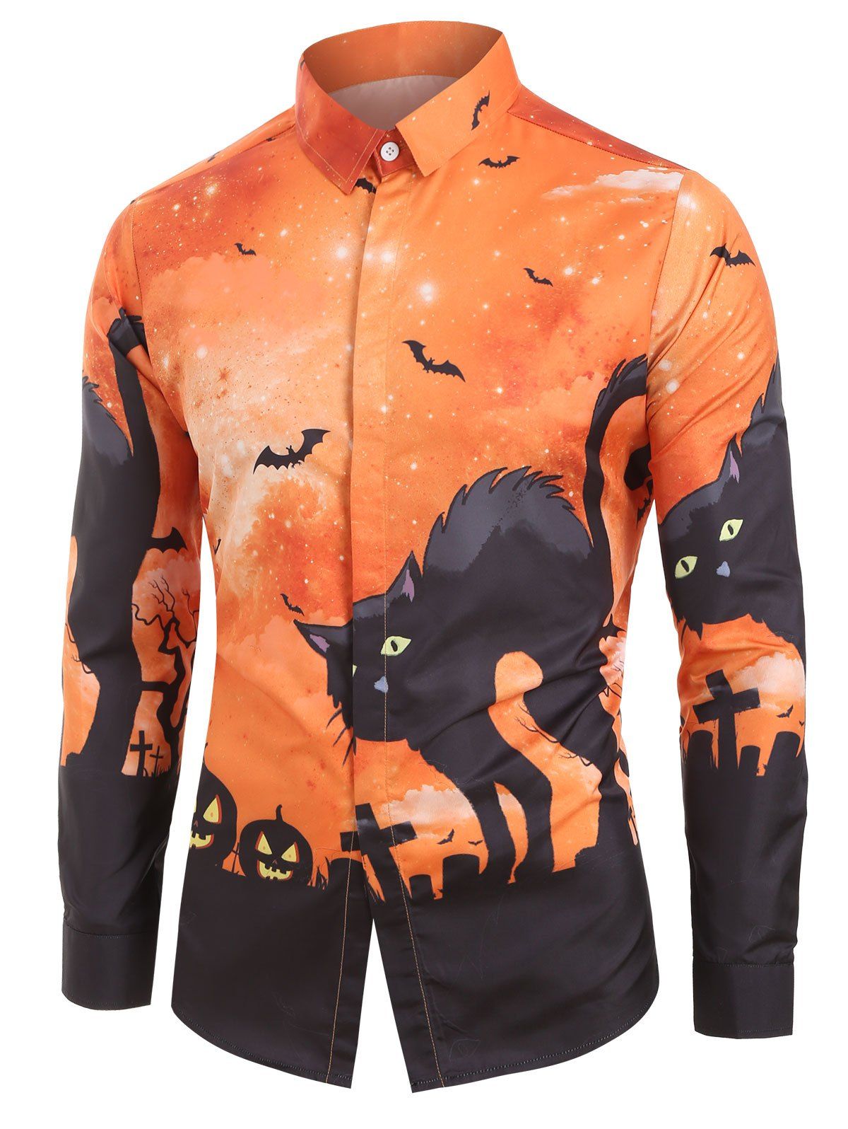 

Halloween Cat Bat Pumpkin Print Long-sleeved Shirt, Multi-a