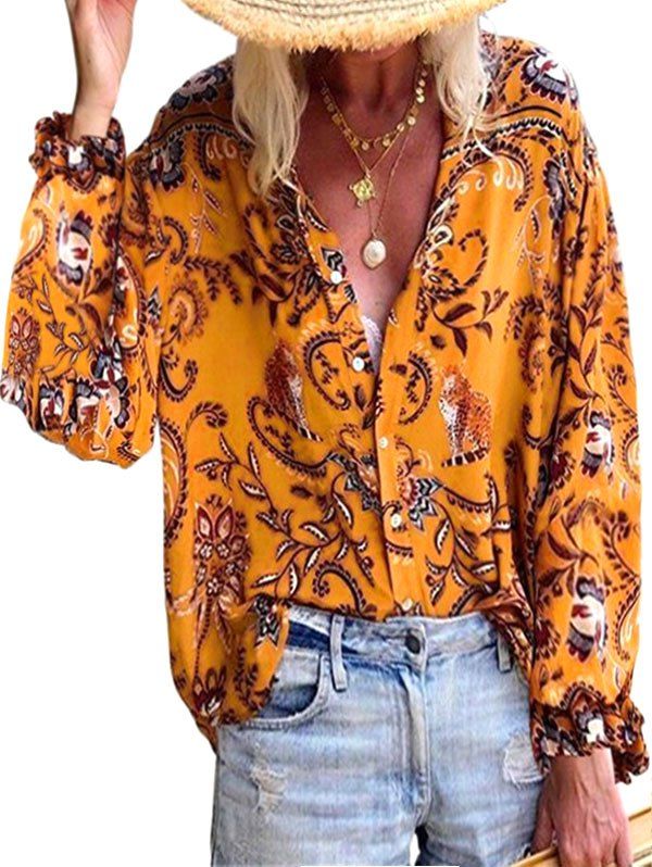 

Plant Tiger Print Poet Sleeve Button Up Shirt, Halloween orange