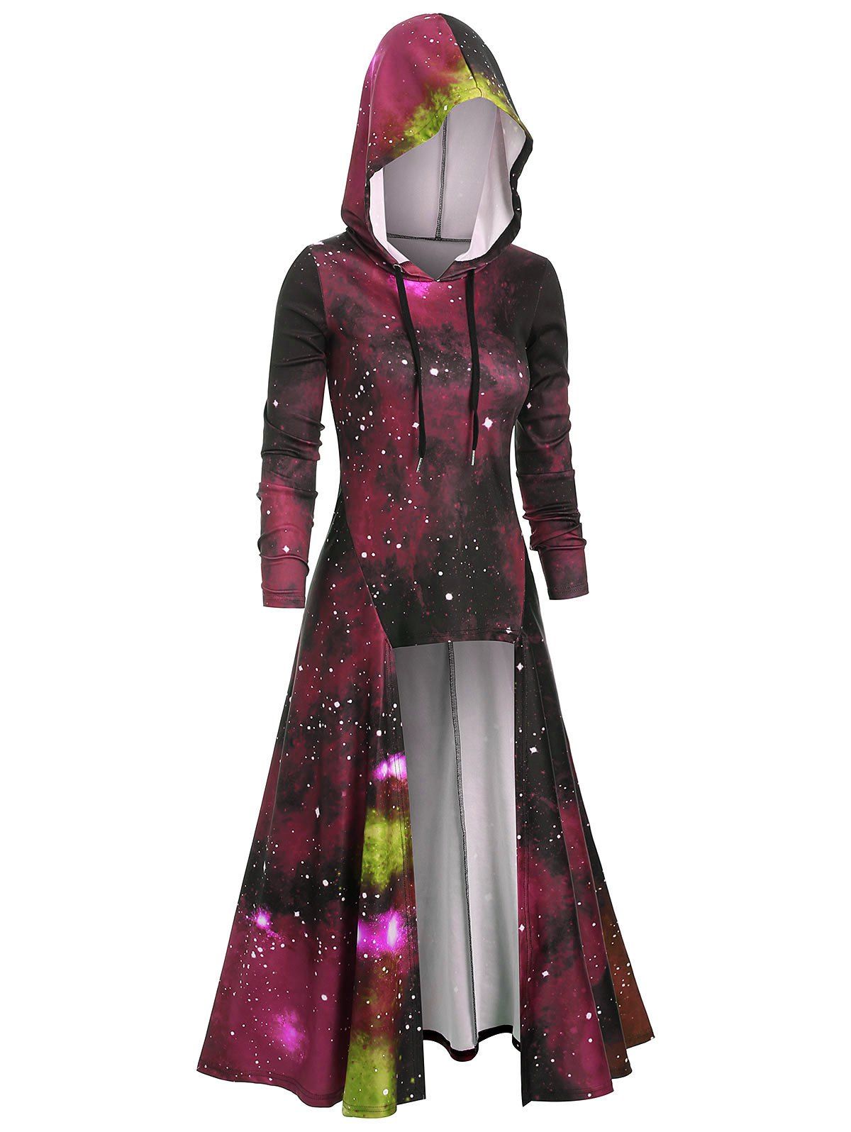 

Hooded Galaxy Print High Slit Maxi Top, Red wine