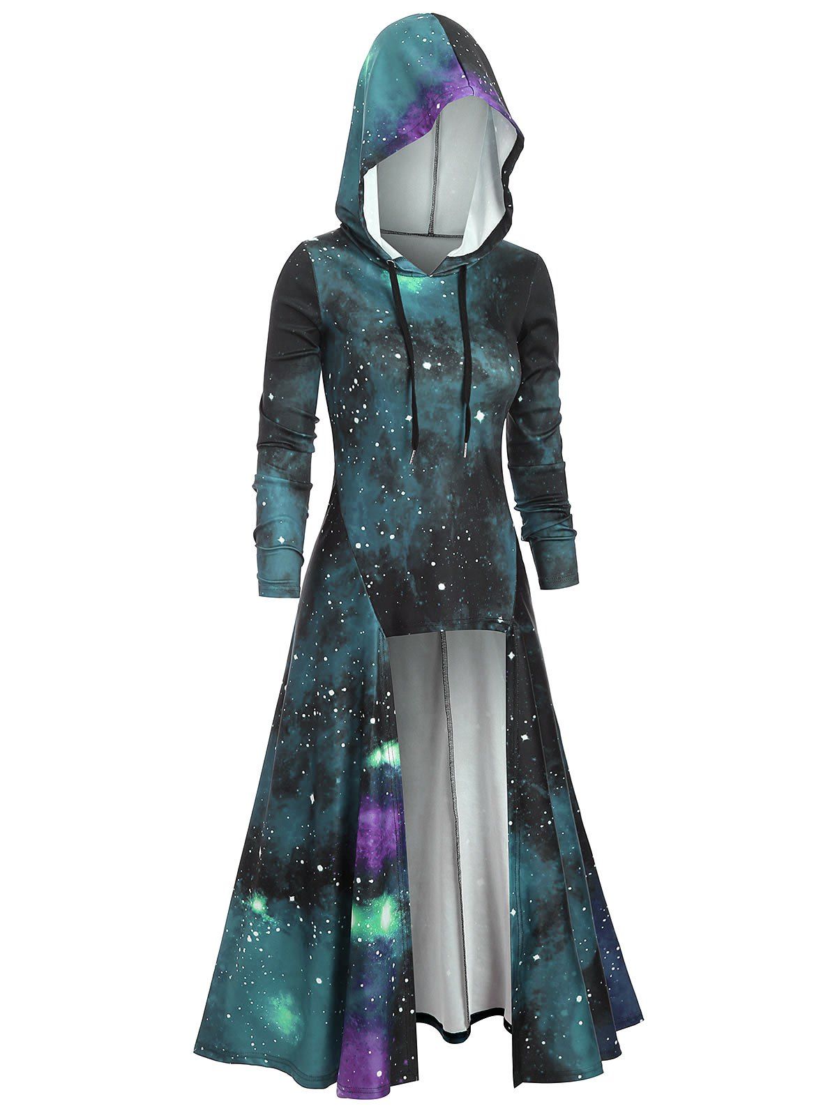 

Hooded Galaxy Print High Slit Maxi Top, Greenish blue